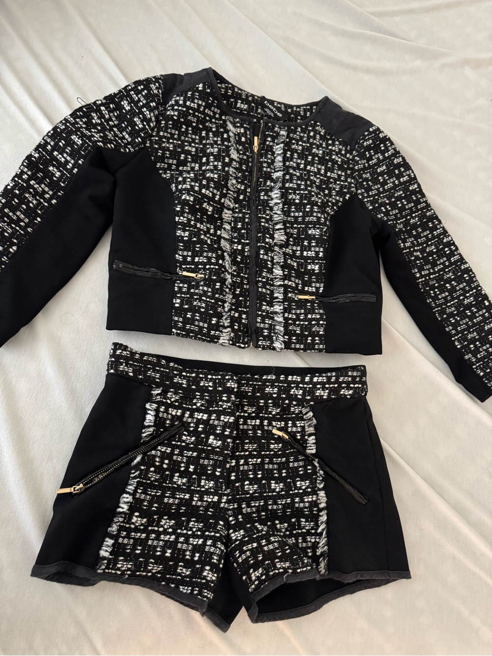 bebe Black and White Tweed Jacket and Shorts Set